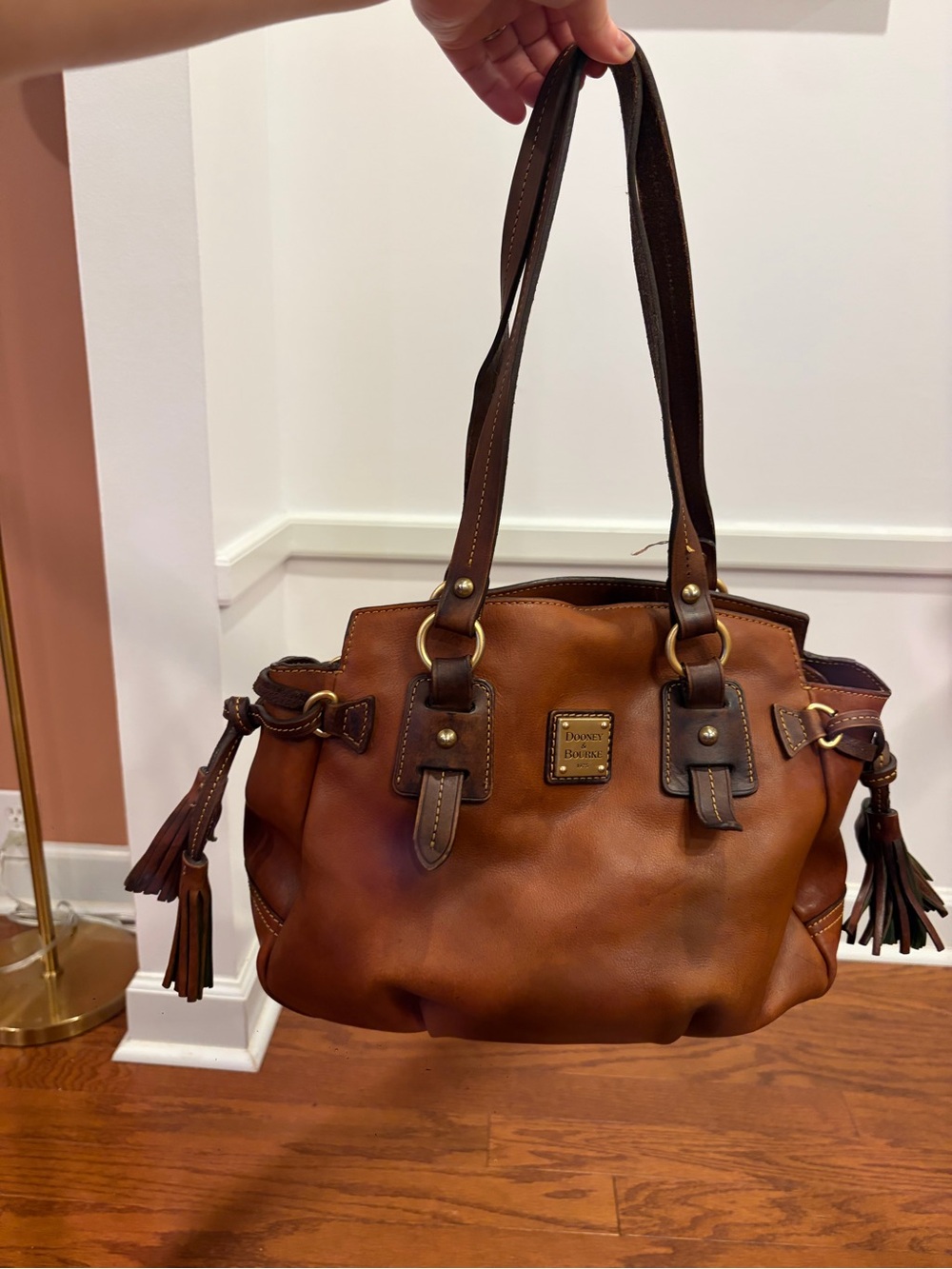 Dooney & Bourke Cognac Leather Satchel with Dark Brown Trim - Picture 7 of 14